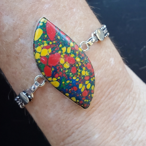 New Mosaic Jasper 925 Silver Bangle Bracelet. - Picture 2 of 14